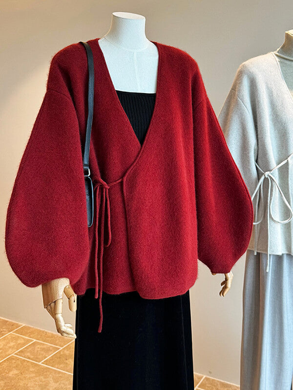 Derpai Roter Strick-Cardigan mit Spaghettiträgern – Weihnachtsstil