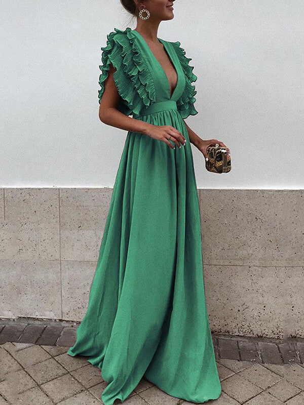 Derpai Maxi-Abendkleid mit Volants & tiefem Ausschnitt – für Hochzeit