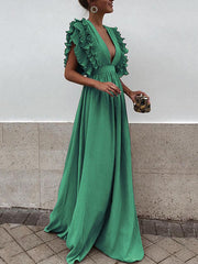 Derpai Maxi-Abendkleid mit Volants & tiefem Ausschnitt – für Hochzeit