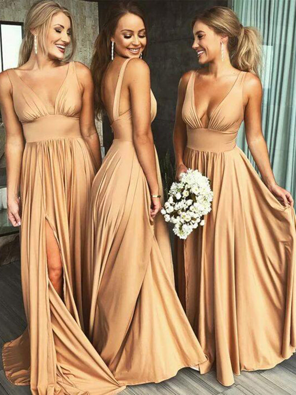 Derpai Elegantes langes Kleid für Brautjungfern mit Schlitz V-Ausschnitt & Trägern
