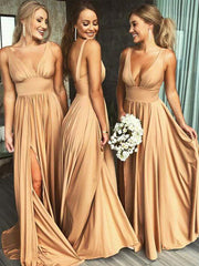 Derpai Elegantes langes Kleid für Brautjungfern mit Schlitz V-Ausschnitt & Trägern