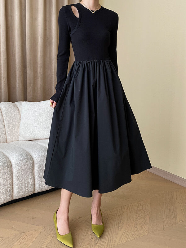 Derpai Schwarzes langes Kleid im Trapezstil mit Cut-Outs & langen Ärmeln
