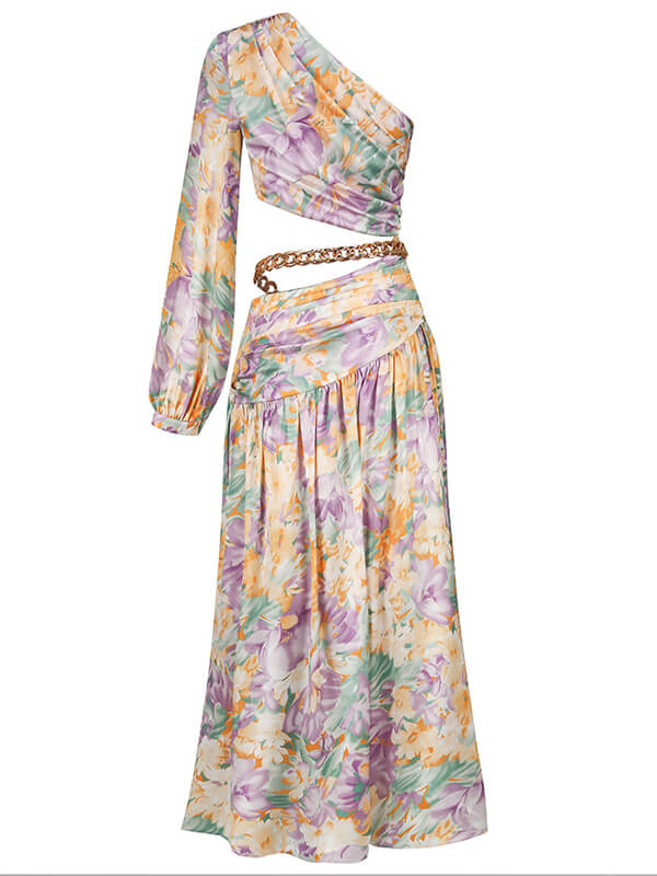 Derpai Langes Maxikleid mit Blumenprint & One-Shoulder-Träger