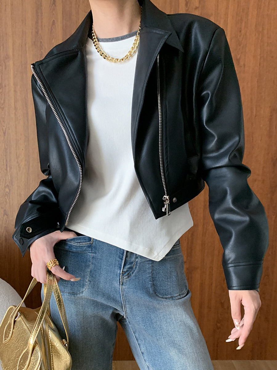 Derpai Kurze Damen-Bikerjacke aus Kunstleder mit Taschen und Reißverschluss