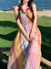 Derpai Langes Kleid mit Blumenprint und feinen Trägern Boho-Stil mehrfarbig