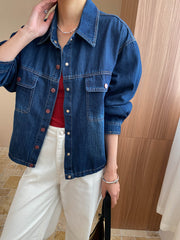 Derpai Jeansjacke in Blau mit Knopfleiste und Taschen Hemdkragen Damenmode
