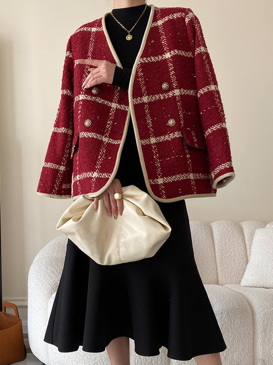 Derpai Tweedjacke mit Steppfutter Karomuster doppelreihige Knopfleiste Damen