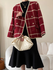 Derpai Tweedjacke mit Steppfutter Karomuster doppelreihige Knopfleiste Damen