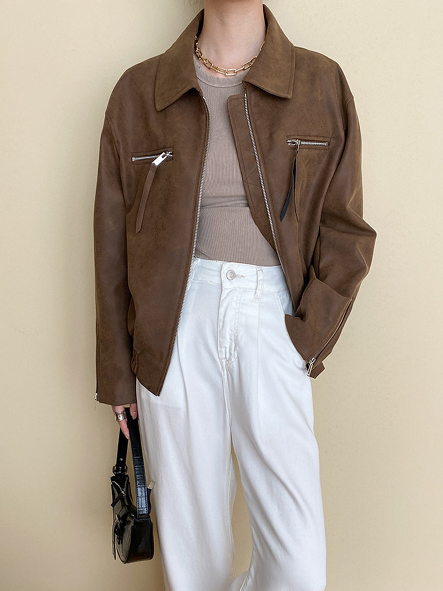 Derpai Damenjacke aus PU-Leder mit Reißverschluss Vintage-Stil