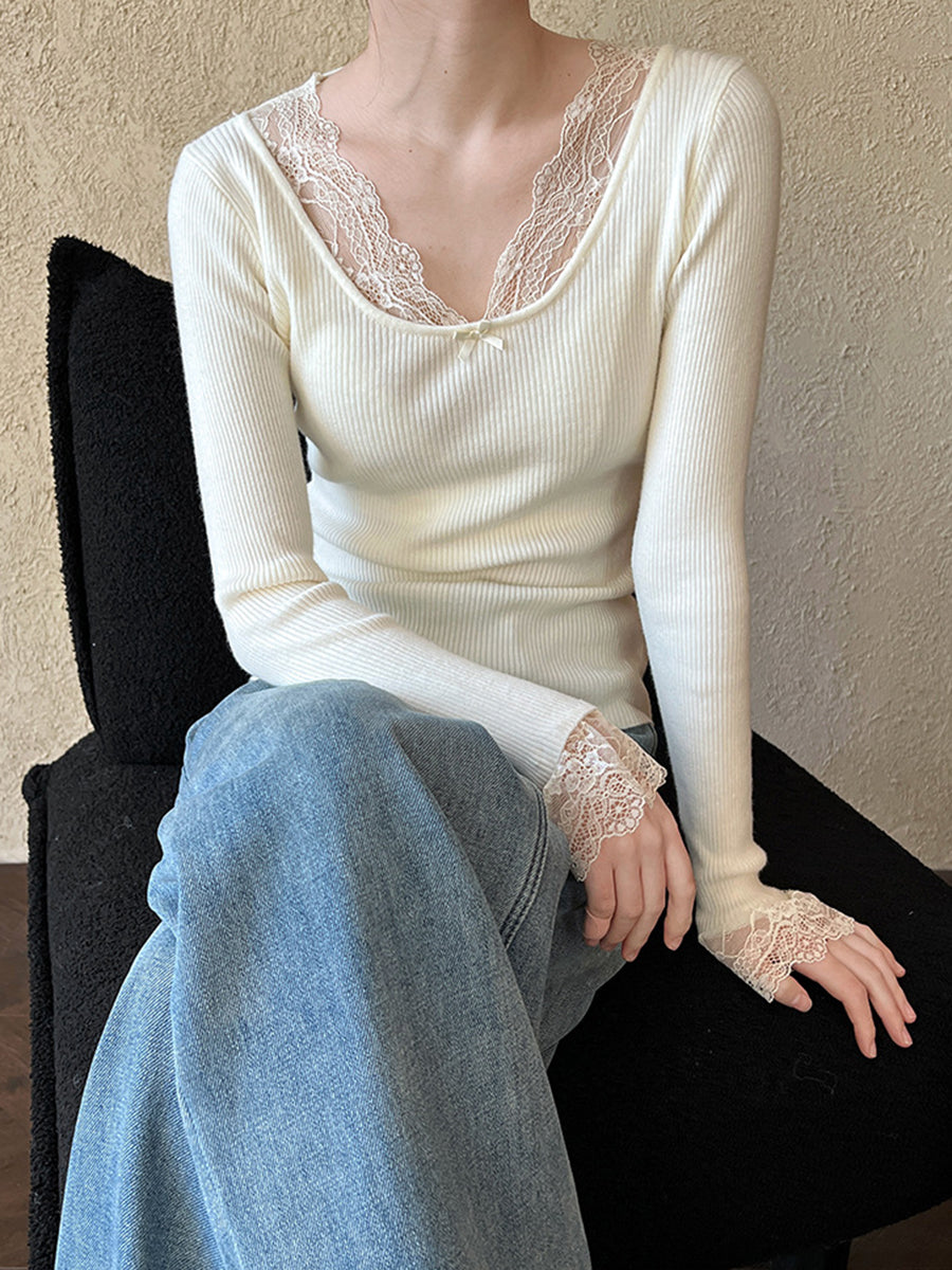 Derpai Strickpullover mit Spitzenmuster V-Ausschnitt ausgestellte Ärmel elegant