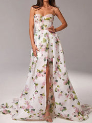 Derpai Bustier-Maxi-Abendkleid mit Blumenprint & Schlitz – für Hochzeit