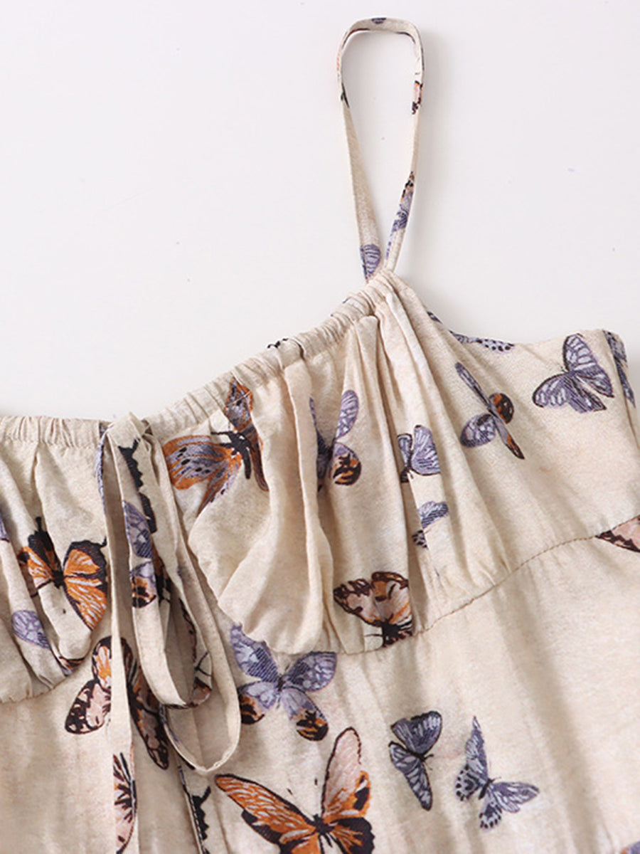 Derpai Langes Kleid mit Schmetterlingsdruck und feinen Trägern