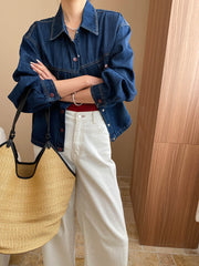 Derpai Jeansjacke in Blau mit Knopfleiste und Taschen Hemdkragen Damenmode