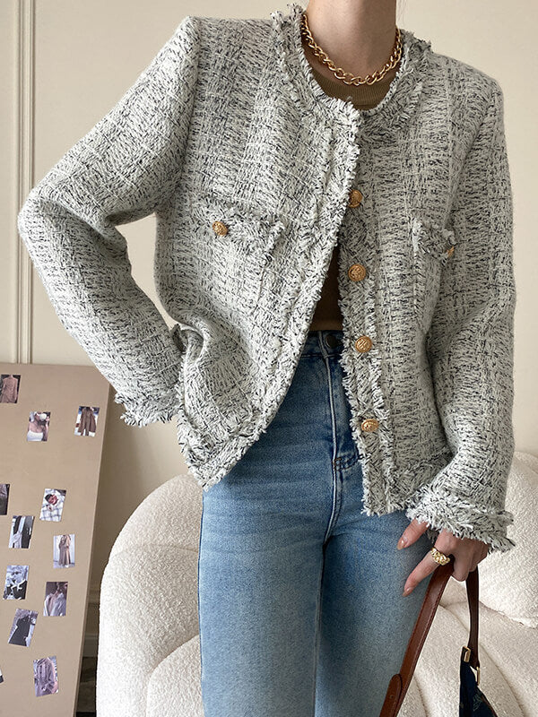 Derpai Kurze Tweedjacke mit Knöpfen Rundhalsausschnitt und Taschen Damen
