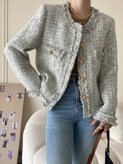 Derpai Kurze Tweedjacke mit Knöpfen Rundhalsausschnitt und Taschen Damen