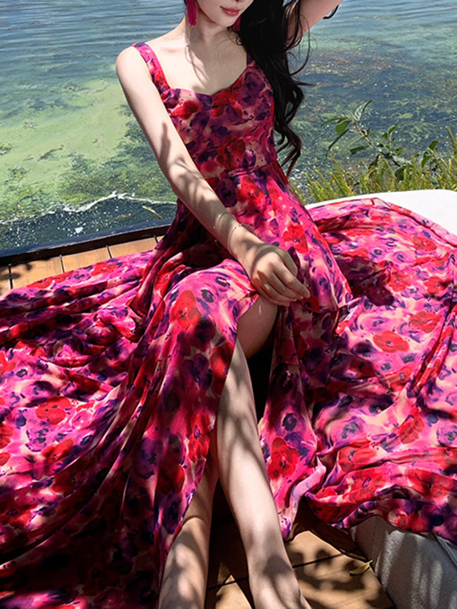 Derpai Langes Maxikleid aus Chiffon mit Blumenprint und Schlitz
