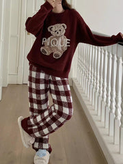 Derpai Pyjama-Set aus Fleece mit Bären-Karo-Muster Damen Weihnachten
