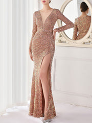 Derpai Glänzendes Maxi-Abendkleid mit Schlitz – für Hochzeit
