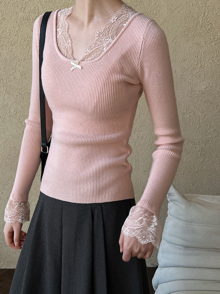 Derpai Strickpullover mit Spitzenmuster V-Ausschnitt ausgestellte Ärmel elegant