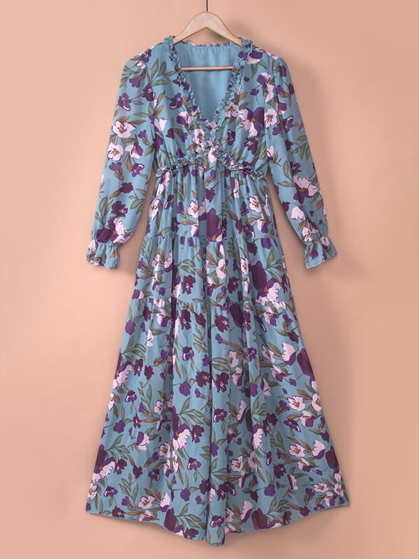 Derpai Langes Kleid aus Chiffon mit Blumenmuster langen Ärmeln & V-Ausschnitt – elegant