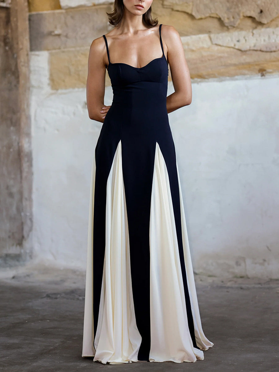 Derpai Zweifarbiges langes Kleid in Schwarz-Weiß dünne Träger elegant Abendmode
