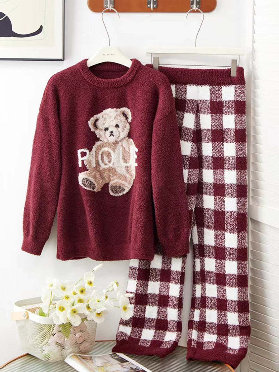 Derpai Pyjama-Set aus Fleece mit Bären-Karo-Muster Damen Weihnachten
