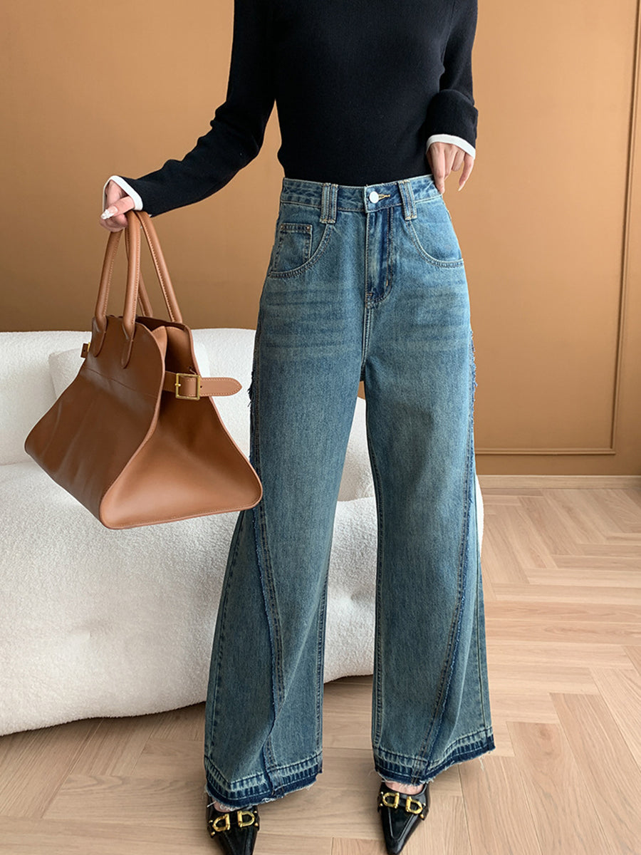 Derpai Lange Schlagjeans im Vintage-Stil mit Taschen und Reißverschluss Damen