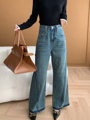Derpai Lange Schlagjeans im Vintage-Stil mit Taschen und Reißverschluss Damen
